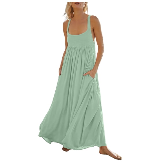 WENWU Slim Waist Chiffon Neck Hanging Dresses for Women Summer Smocked Chiffon Dress Loose Side Slit Flowy Beach Maxi Dress with Pockets Womens Outfits Summer Dress for Women