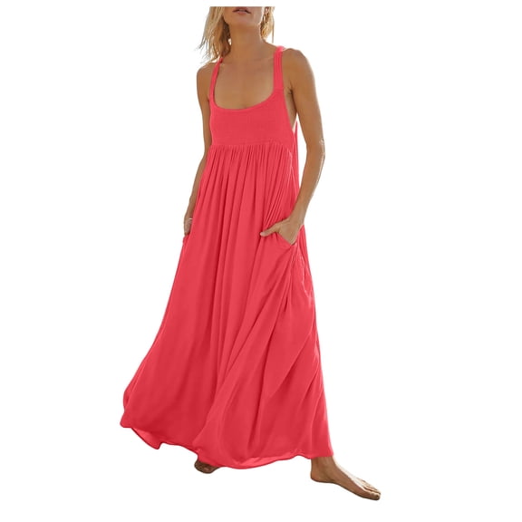 WENWU Slim Waist Chiffon Neck Hanging Dresses for Women Summer Smocked Chiffon Dress Loose Side Slit Flowy Beach Maxi Dress with Pockets Womens Outfits Summer Dress for Women