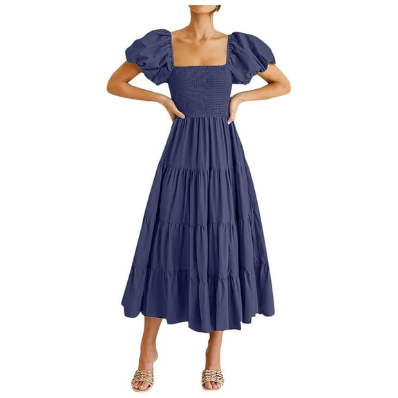 WENWU Square Neck Backless Puff Sleeve Pleated Short Sleeve Dress Ladies Casual Dresses Surplice Dress for Women