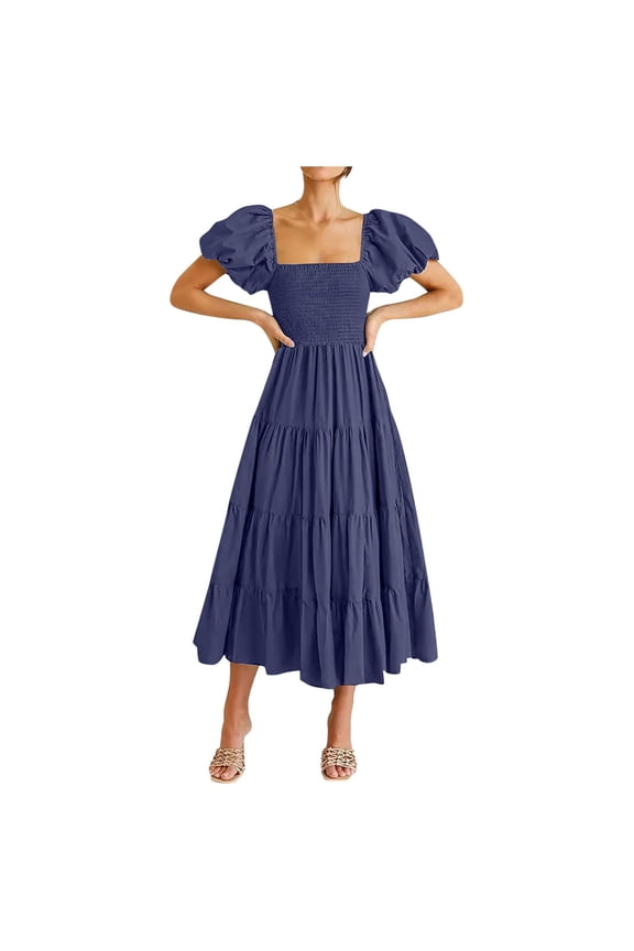 Square Neck Backless Puff Sleeve Pleated Short Sleeve Dress Ladies Casual Dresses Surplice Dress for Women