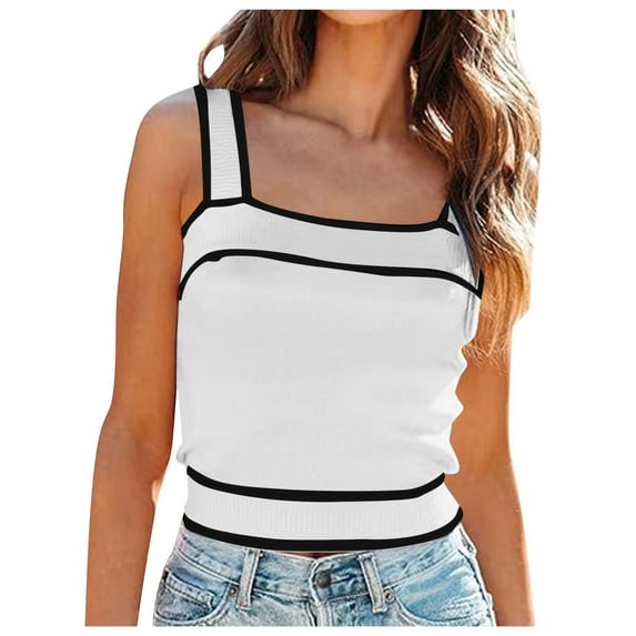 WENWU Square Neck Knit Crop Tank TopsSlim Color Block Sleeveless Shirt Atmosphere Top Top for Women