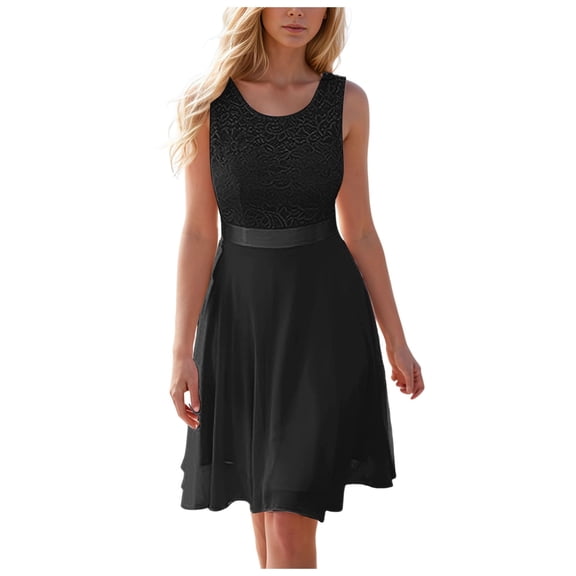 WENWU Summer New Waisted Solid Color Sleeveless Lace Dress Floral Dress High Low Dress for Women