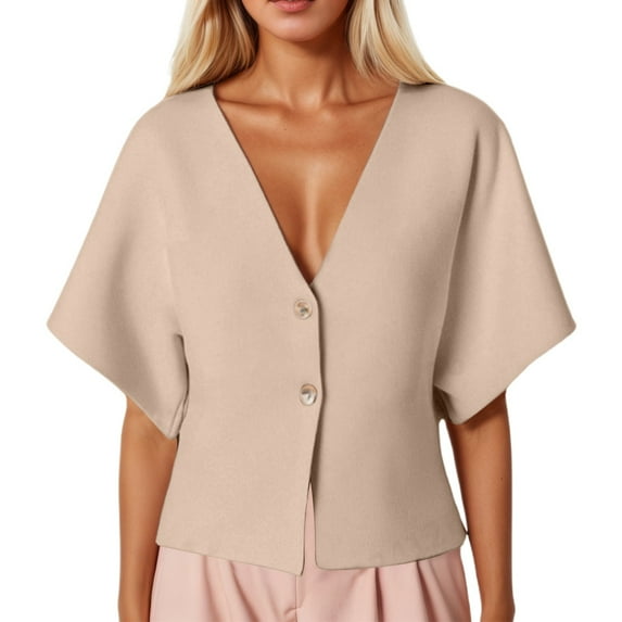 WENWU Summer Ribbed V Neck Short Sleeve Knit Jacket for Women Stylish and Comfortable Cardigans for Women Fall Open Front plus Size