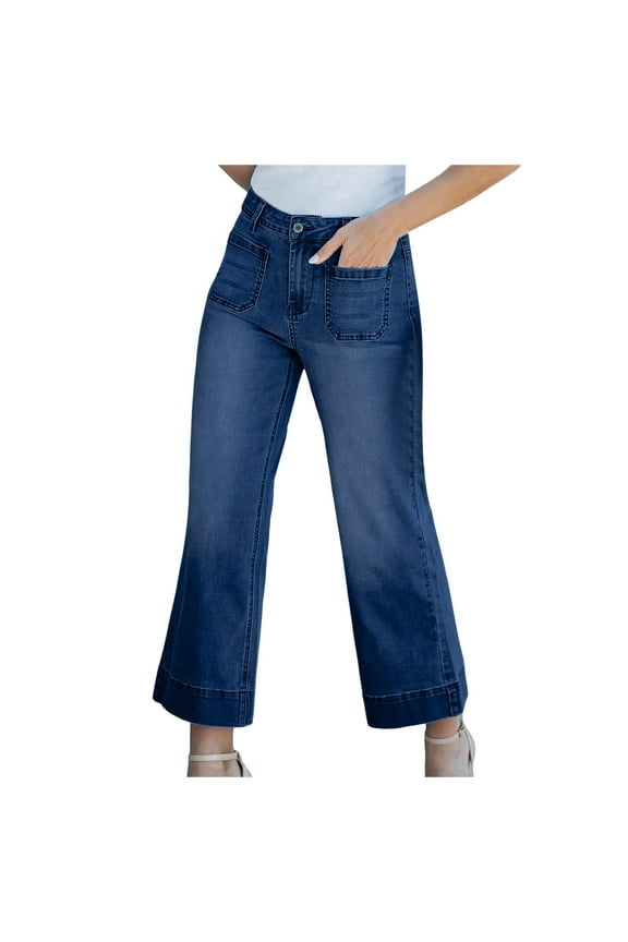 Wide Leg Jeans for Women Trendy High Waisted Flare Jeans Cropped Denim Pants Stretchy Baggy with Patch Pockets Women High Waist Pants Jean 18 plus