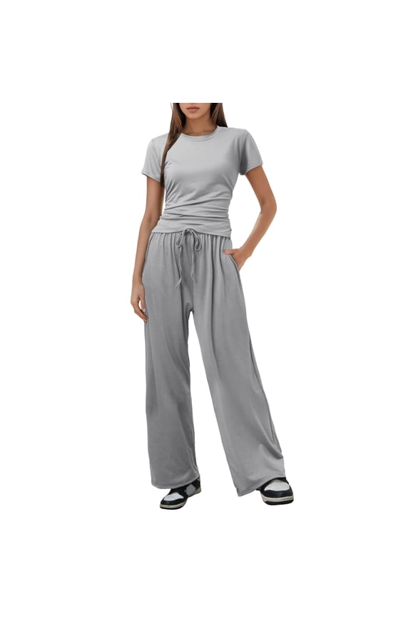 Women 2 Piece Casual Suit Pleated Short Sleeve Top and High Waisted Wide Leg Pants Tracksuit Set plus Size Jumpsuits Dressy Pant Suits for Women