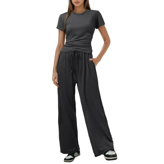 WENWU Women 2 Piece Casual Suit Pleated Short Sleeve Top and High Waisted Wide Leg Pants Tracksuit Set plus Size Jumpsuits Dressy Pant Suits for Women