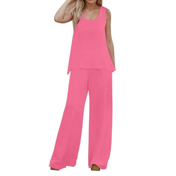 WENWU Women 2 Piece Outfits Boho Casual Solid Color Vest Sleeveless Top Loose Wide Leg Pants Trousers Two Piece Set Suit Mint Suit for Women Wedding Pant Suits for Bride