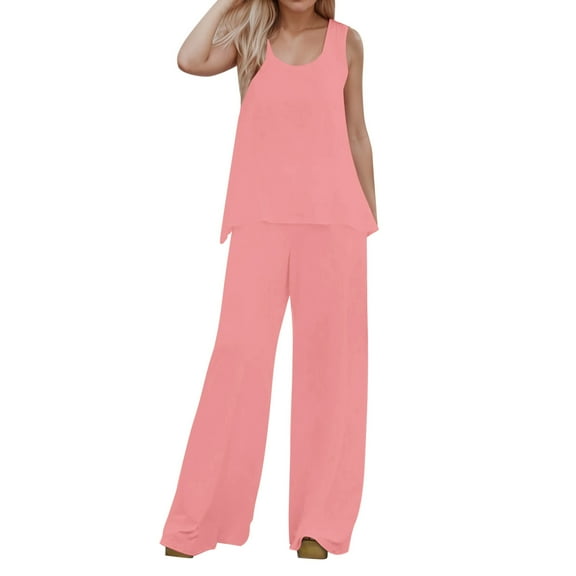 WENWU Women 2 Piece Outfits Boho Casual Solid Color Vest Sleeveless Top Loose Wide Leg Pants Trousers Two Piece Set Suit Mint Suit for Women Wedding Pant Suits for Bride