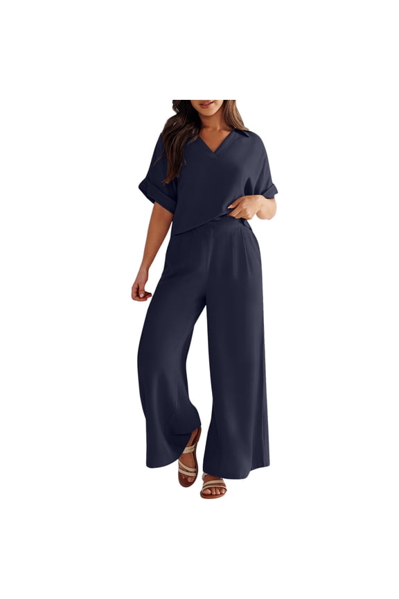 Women 2 Piece Outfits Summer Casual Short Sleeve V Neck Crop Top Wide Leg Pants Matching Set with Pocket Interview Pants Suits for Women plus Size Pant Suits for Women Dressy