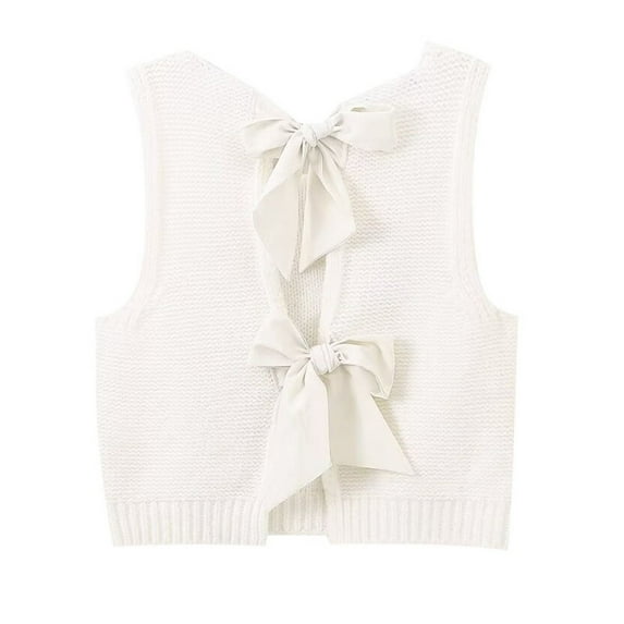 WENWU Women Autumn and Winter Solid Color Casual Short Knitted Sweater Vest Top Knitted Bow Vest Vest Sweater Vest Long Sleeve Oversized Knit Sweater