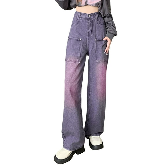 WENWU Women Baggy Jeans Trousers with High Waist E Girl Style Streetwear Casual Denim Trousers Loose Straight Leisure Trousers Denim Knit Pants Woman Jean Pants