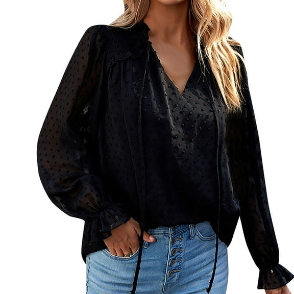 WENWU Women Blouses Tunics for Women Elegant Chiffon V Neck Dot Puff Sleeves Double Layer Dating Party Blouse Tops Button down Shirt Women plus Size Tall Button down Shirts for Women