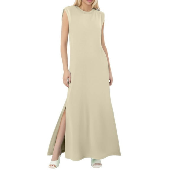 WENWU Women Casual Loose Sleeveless Split Maxi Long Beach Shirt Dress Travel 2025 Summer Outfits Elastic Waist Dresses for Women Ladies Dresses Summer Casual