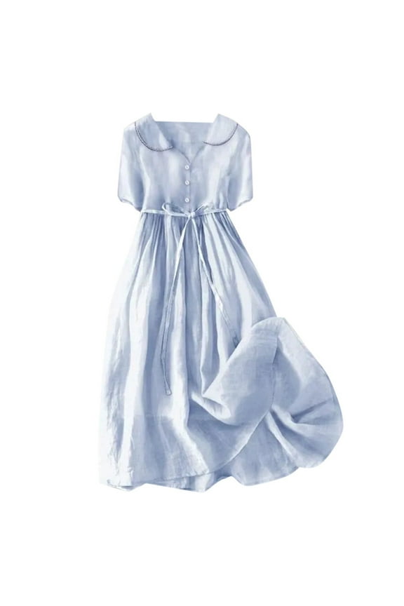 Women Elegant Lapel Button Belt Solid Color Long Skirt V Neck Breathable Casual Short Sleeved Dress Split Loose Maxi Dress Swing Dress with Pockets