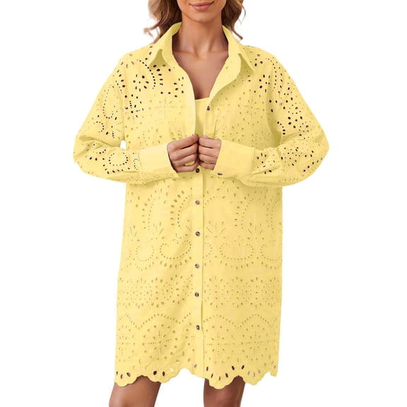 WENWU Women Hollow Out Eyelet Button Down Lapel V Neck Long Sleeve Ruffle Flowy Solid Oversized Loose Mini Shirt Dress Fitted Tee Worn T Shirts