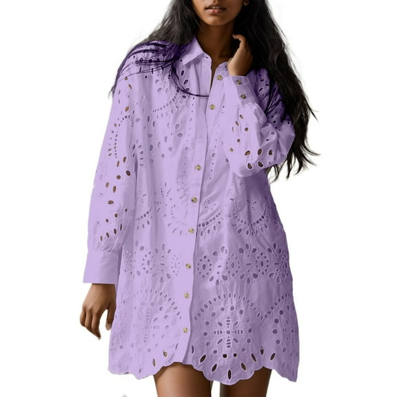 WENWU Women Hollow Out Eyelet Button Down Lapel V Neck Long Sleeve Ruffle Flowy Solid Oversized Loose Mini Shirt Dress Fitted Tee Worn T Shirts