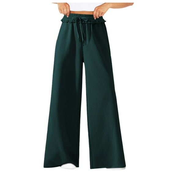 WENWU Women Pants Ladies Casual Pants Dark Green Work Pants Women Loose Pants Wide Leg Pants for Women with Pockets Women Summer Pants