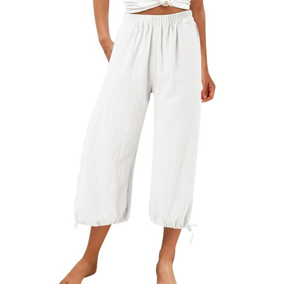 WENWU Women'S Pants Women Casual Pants White Baggy Pants Loose Work Pants for Women Elastic Waist Pants for Women with Pockets Women Summer Pants
