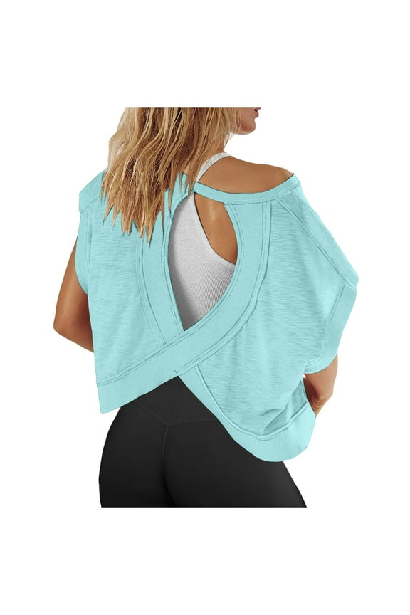 Women Short Sleeve Workout Shirts Open Back Tops Casual Yoga Athletic Gym Slouchy Crop Running Tees Short Sleeve Shirts for Women Running Tops