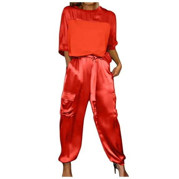 WENWU Women Smooth Satin Half Sleeve Top and Pants Set Women Casual Summer Satin Pajama Set Snowmobile Bibs Women Ladies Formal Pant Suits