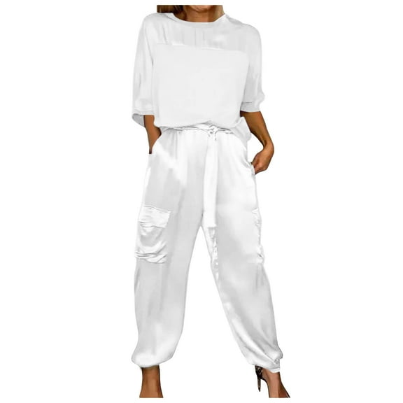 WENWU Women Smooth Satin Half Sleeve Top and Pants Set Women Casual Summer Satin Pajama Set Snowmobile Bibs Women Ladies Formal Pant Suits