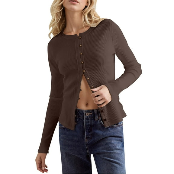 WENWU Women Solid Color Slim Fit Button Long Sleeved Cardigan Jacket Round Neck Design Knitted Ribbed Top Cardigan Loose Womens Button up Sweaters