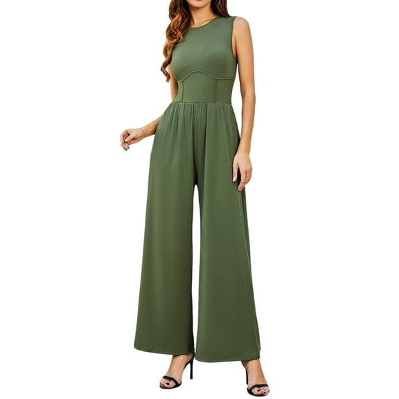 WENWU Women Solid Sleeveless Wide Leg Jumpsuit Dressy Ribbed Jumpsuit with Summer Tank Romper Prom Jumpsuits Women's plus Suits