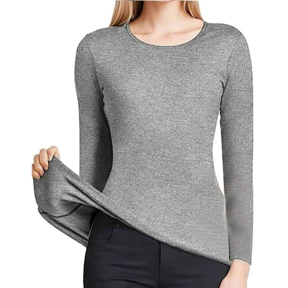 WENWU Women Solid Thermal Top Long Sleeve Round Neck Pullover T Shirt Base Top Thermal Undershirt for Women Thermal Blouses for Women