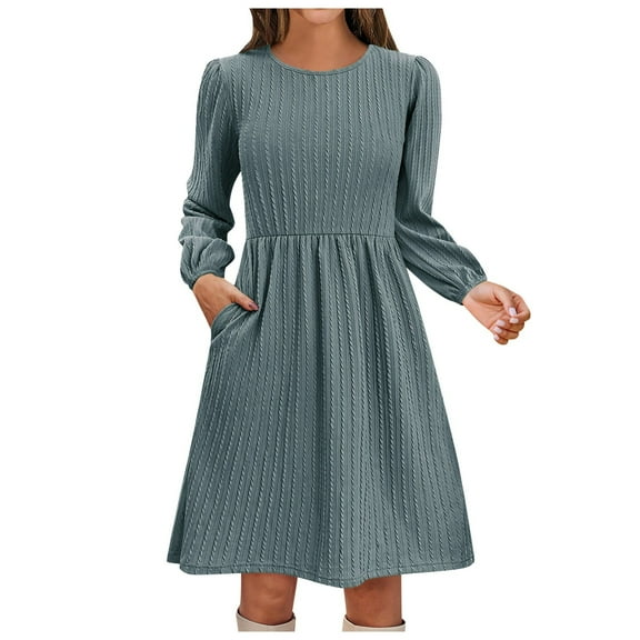 WENWU Women Temperament Round Neck Pocket Solid Color Knitted Jacquard Long Sleeve A Line Casual Dress Swing Casual Dress Woman Summer Dress