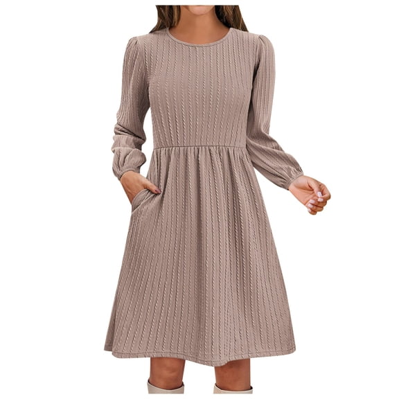 WENWU Women Temperament Round Neck Pocket Solid Color Knitted Jacquard Long Sleeve A Line Casual Dress Swing Casual Dress Woman Summer Dress