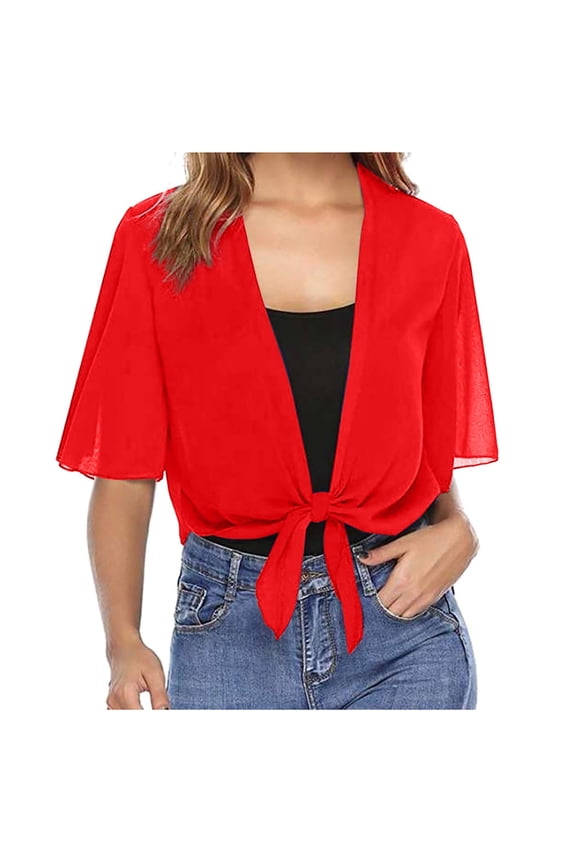 Women Tie Front Chiffon Short Sleeve Cropped Sheer Cardigan Duster Cardigan for Women Womens Cardigan Duster