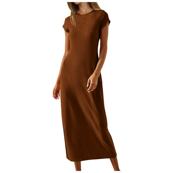 WENWU Women's 2024 Summer Short Sleeve Tshirt Dress Casual Crew Neck Beach Long Maxi Dresses Woman Tan Dress Women Summer Outfits