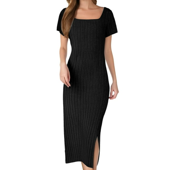 WENWU Women's 2025 Summer Bodycon Casual Short Sleeve Square Neck Midi Dress Knit Side Slit Long Ribbed Dresses Long Tan Dresses for Women Floral Dresses Casual