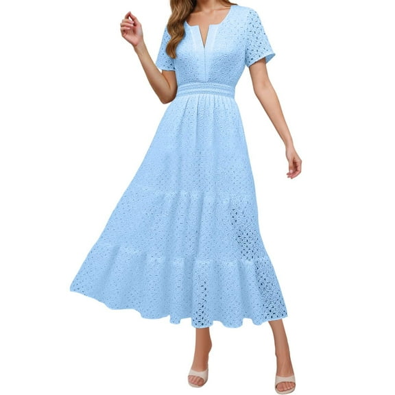WENWU Women's 2025 Summer Short Sleeve Maxi Dress Casual V Neck Hollow Out Eyelet Ruffle Swing A Line Long Dresses Dresses for Women Swing Casual Dress