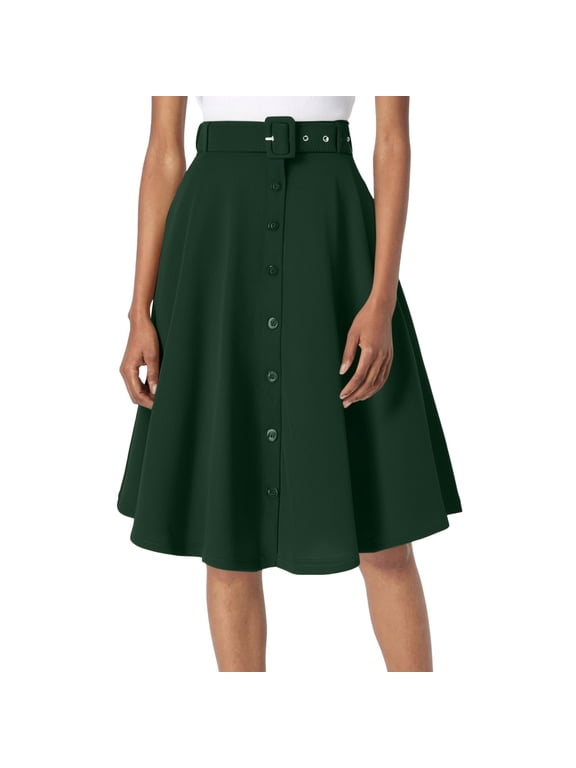 Women's A Line Flared Midi Skirt Stretch High Waisted Button Down Swing Skirt with Pockets and Belts Puffy Skirt Midi Skirt with Slit