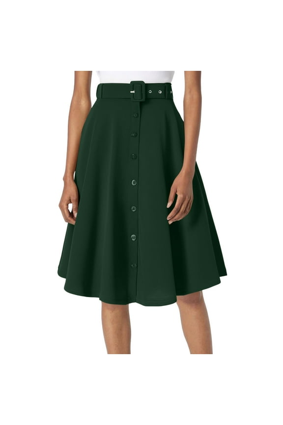 Women's A Line Flared Midi Skirt Stretch High Waisted Button Down Swing Skirt with Pockets and Belts Puffy Skirt Midi Skirt with Slit