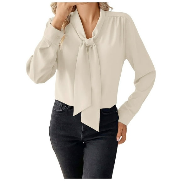 WENWU Women's Bow Tie Neck Long Sleeve Dressy Elegant Work Blouse Shirt Tops V Neck Football Tee Women Button down