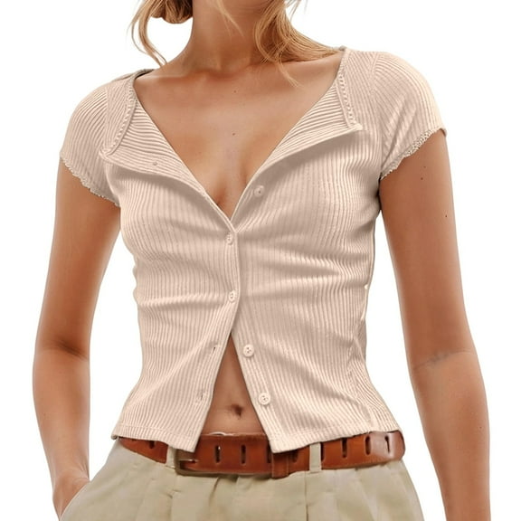 WENWU Women's Button Up Ribbed Short Sleeve Cardigan Pure Color T Shirt Quarter Length Sleeve Shirts Women Flannel Work Shirts for Women