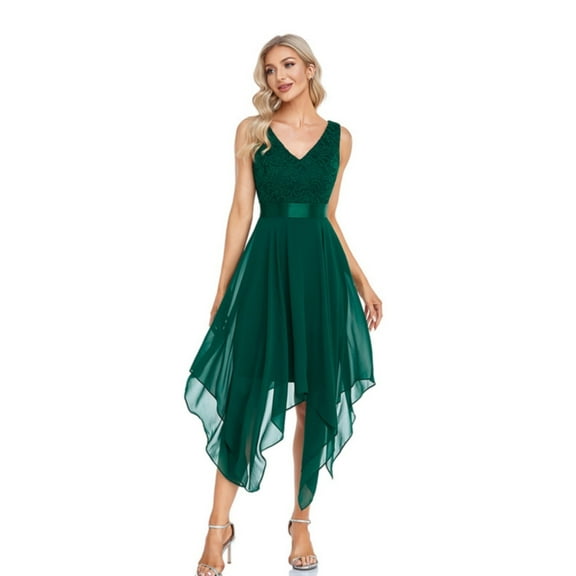 WENWU Women's Casual Dress Elegant Deep V Neck Sleeveless Lace Chiffon Party Wedding Maxi Dress for Daily Wear Dating Slit Maxi Dress Dress with Shorts and Pockets