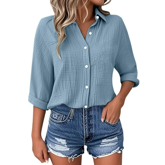 WENWU Women's Casual Short Sleeve Solid Color Blouse Tops for Everyday Wear with Jeans Comfortable Spring Summer Fall Shirt Casual Shirts for Women Summer Button down Shirt Dress Long Sleeve for Women