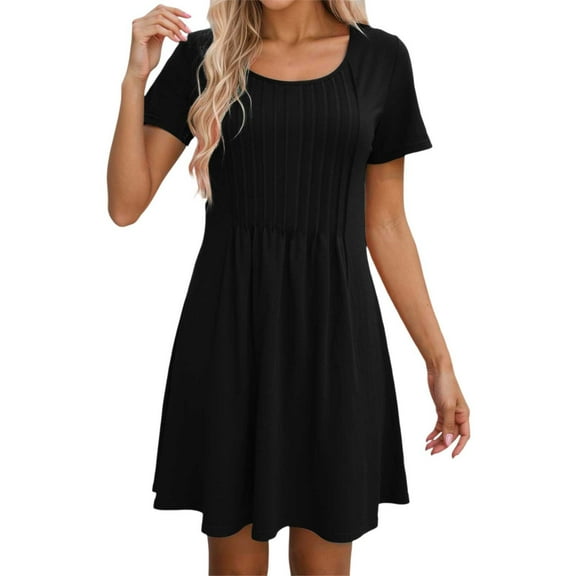 WENWU Women's Casual Short Sleeve T Shirt Dress Beach Work A Line Ruffled Round Neck Dress Spring Summer Outfit Short Sleeve Dress Knee Length Loose Fit Dresses