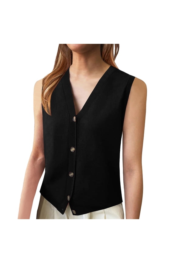 Women's Casual Sleeveless Knitted V Neck Button Ribbed Sweater Sleeveless Top Sweater Vest Buttons