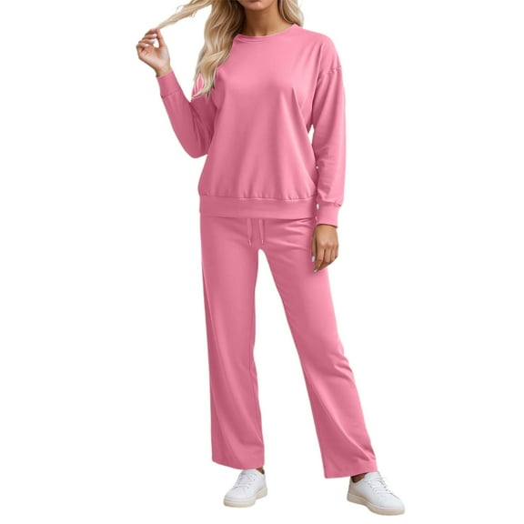WENWU Women's Casual Trousers Suit Set Long Sleeve Top and Wide Leg Pants with Pockets Plaid Dress Suit for Women Young Work Outfits