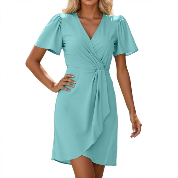 WENWU Women's Casual V Neck Dress Everyday Comfortable Summer Spring Pure Color Flowy Dress with Leggings Shopping Women Dresses Summer Dress for Women plus Size