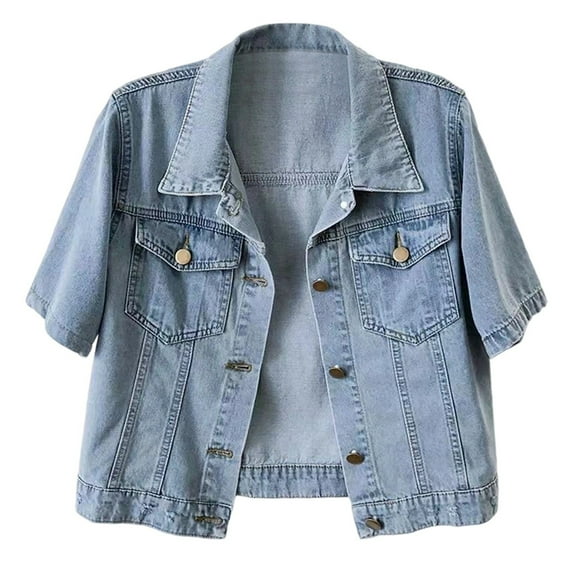 WENWU Women's Denim Shirt Jacket Short Sleeve Casual Top with Front Pockets for Daily Wear Commuting Dating Spring Summer Fall Outfit Jacket for Women Dress Winter plus Size Clothes for Women
