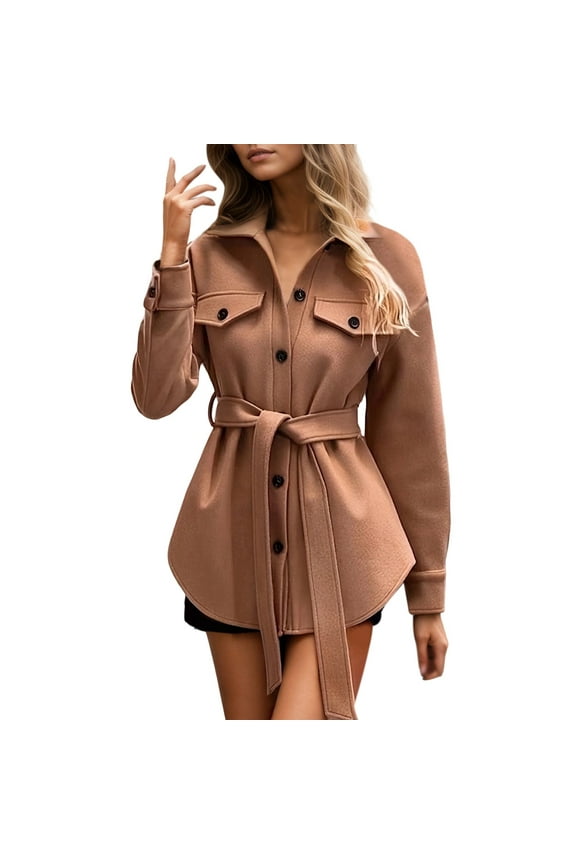 Women's Elegant Solid Color Shirt Collar Belted Loose Fit Trench Coat Half Coat Windbreakers for Women