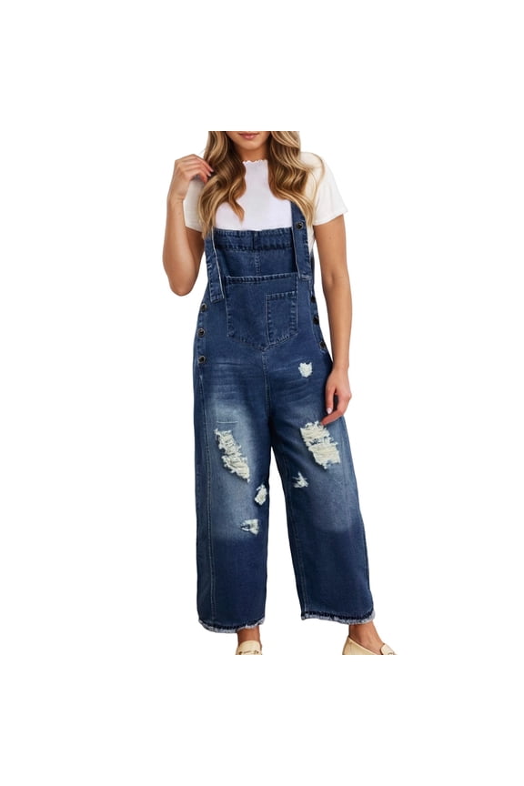 Women's Fashion Casual Solid Color Hole Loose Wide Leg Jeans Suspenders Jumpsuit with Train Dress for Women