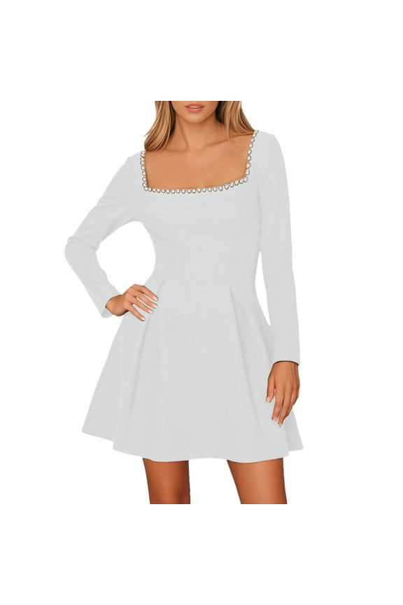 Women's Long Sleeve Mini Dress Pearl Square Neck Ruffle Hem Short Dress Bride Party Club Elegant Dresses Dressy Casual Dresses Petite Maxi Dress