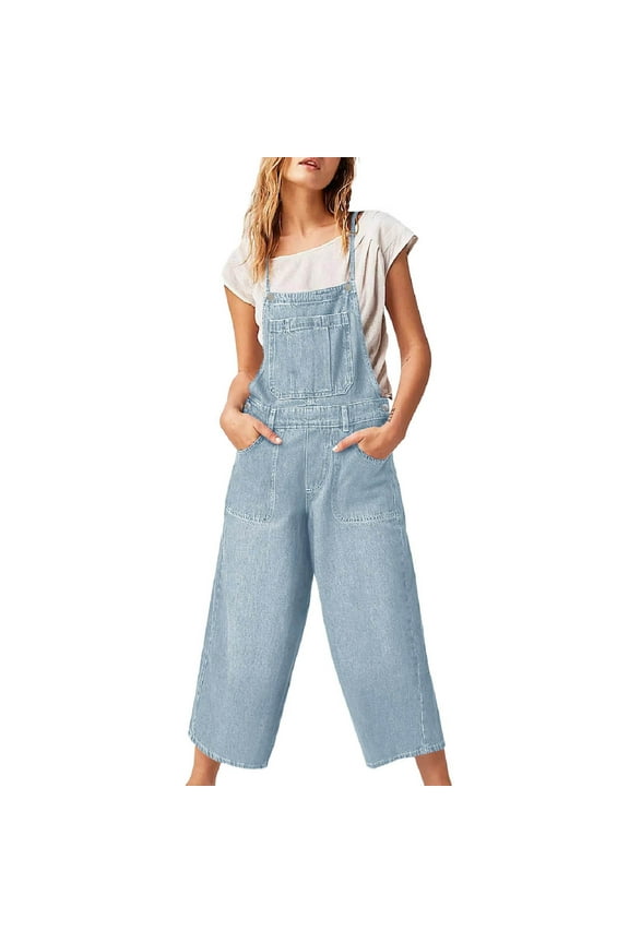 Women's Loose Denim Overalls Loose Version Bib Adjustable Strap Capri Pants Wide Leg Jeans Jumpsuit Overall Woman Womens Pantsuits for Wedding Guest