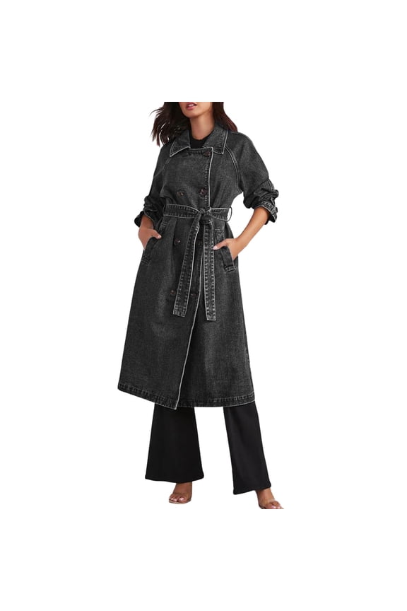 Women's Midi Long Jean Jacket Loose Fit Jacket Trench Coat with Belt Ladies Windbreaker Jacket Womens Lightweight Windbreaker Jacket